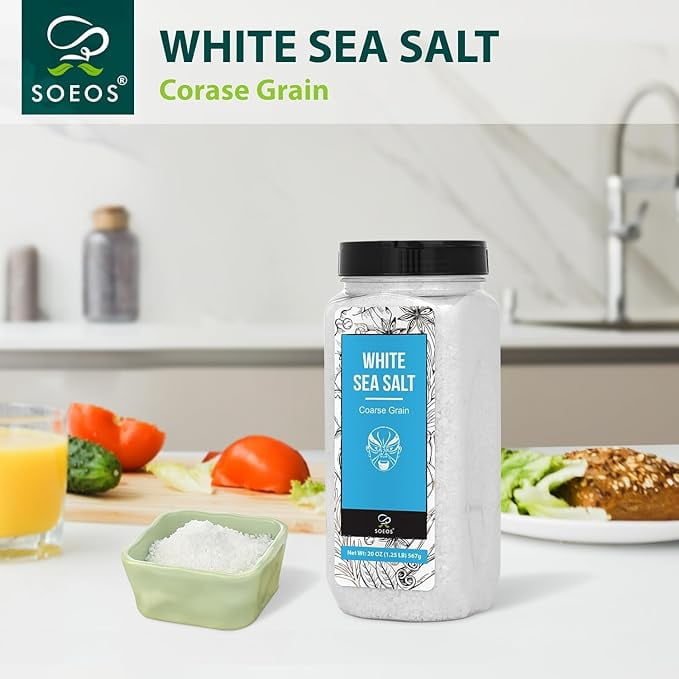 Soeos White Sea Salt, Coarse Grain, 20 oz (1.25 lbs), 2 Pack, Total Weight of 40 oz (2.50 lbs)
