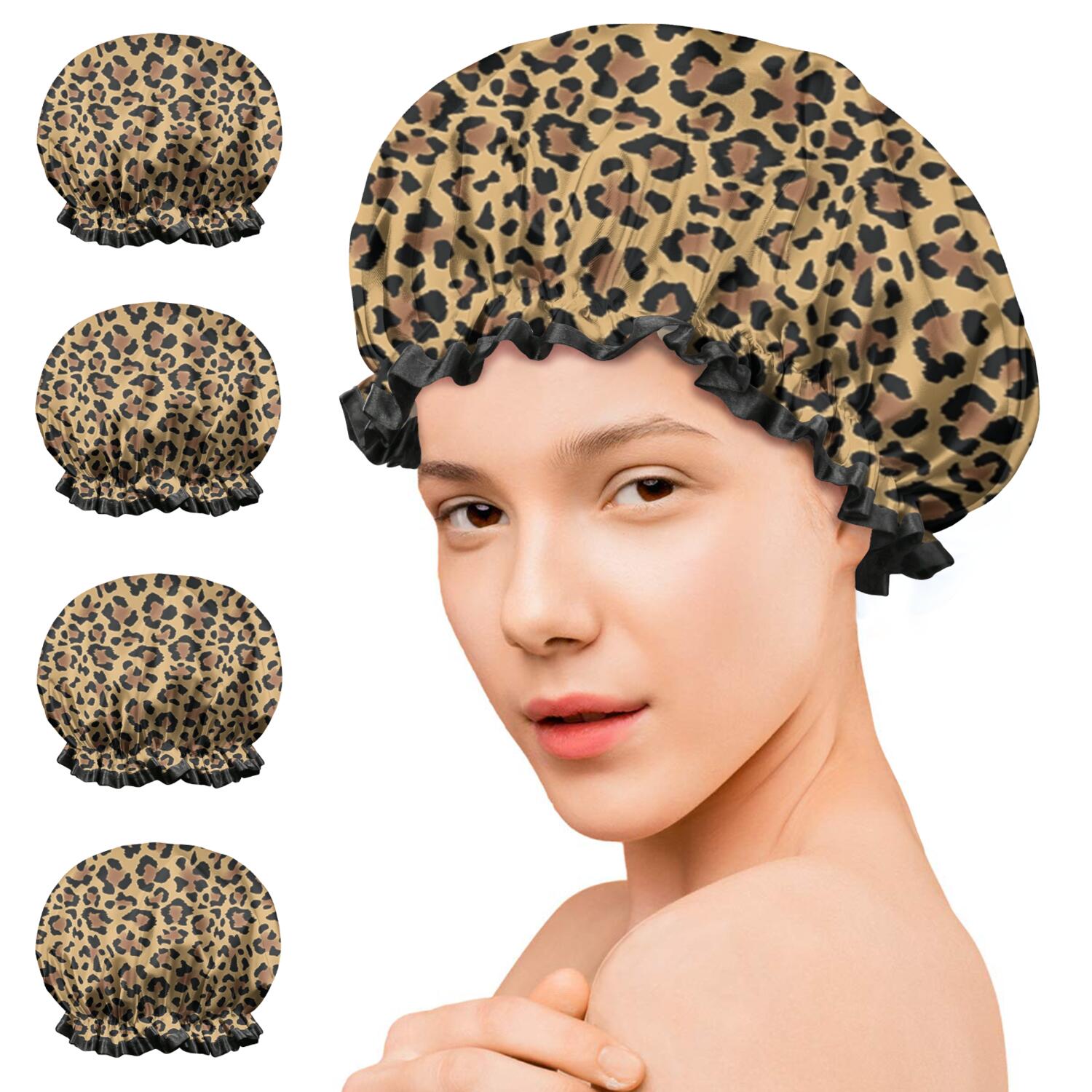Shower Caps,Brown and Black Leopard Print Waterproof Shower Cap for Women 4 Pieces,Double Reusable Hair Cover for Shower PEVA Elastic Stretch Hem