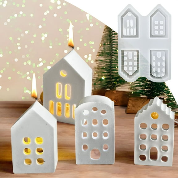 Christmas DIY Candle Molds, House and Tree Shaped Molds, Pouring Craft Molds, for Resin, Soap, Plaster, Holiday Crafting