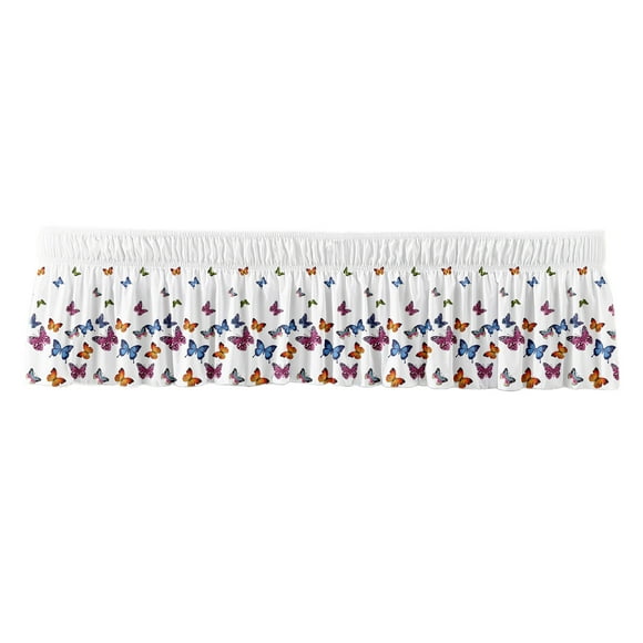 White Bohemian Butterfly Print Bed Skirt With Elastic Fitted Band For Queen Size Beds 99.06 cm x 190.5 cm