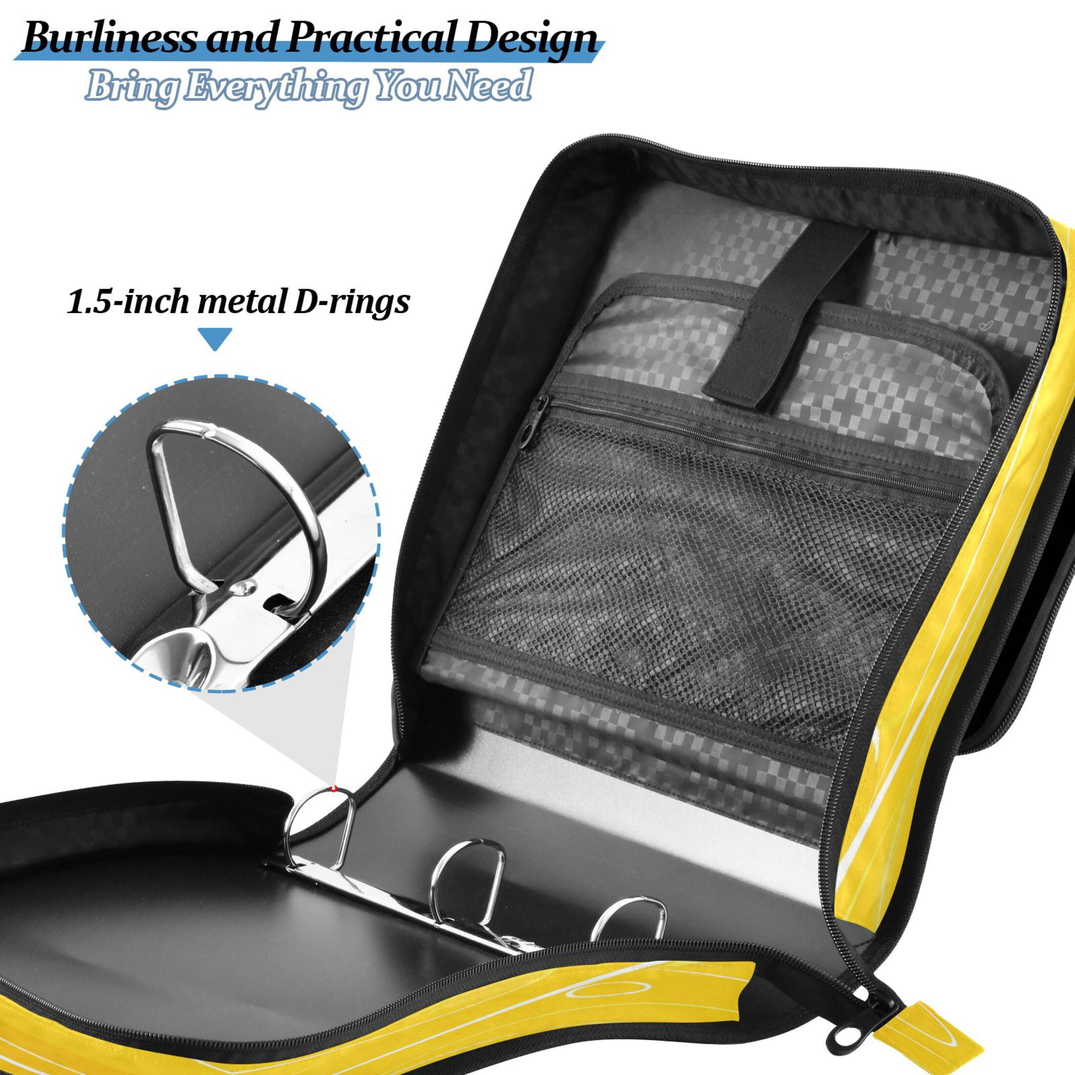 Water-Resistant 3-Ring Binder Organizer with Multiple Pockets Zipper Binder Bag for Office Yellow Circles and Lines