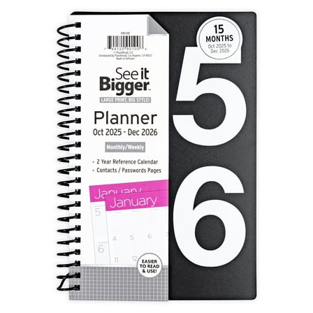 See it Bigger Monthly Weekly Planner Medium (5.25" x 8") Black, 15-month, Oct 2025-Dec 2026