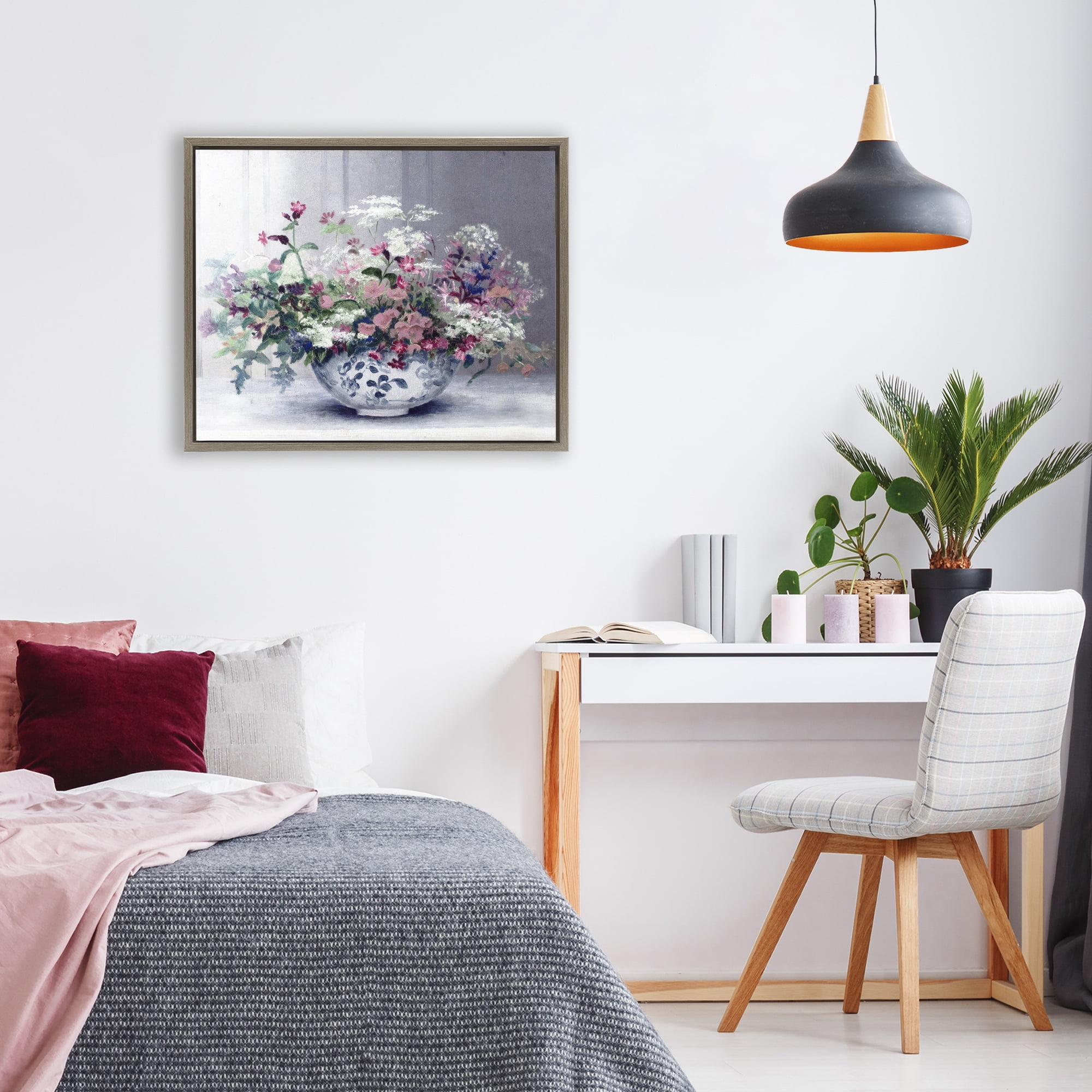Painterly Elegant Blooms Vase Brown Framed Floater Canvas Wall Art, design by Lettered and Lined