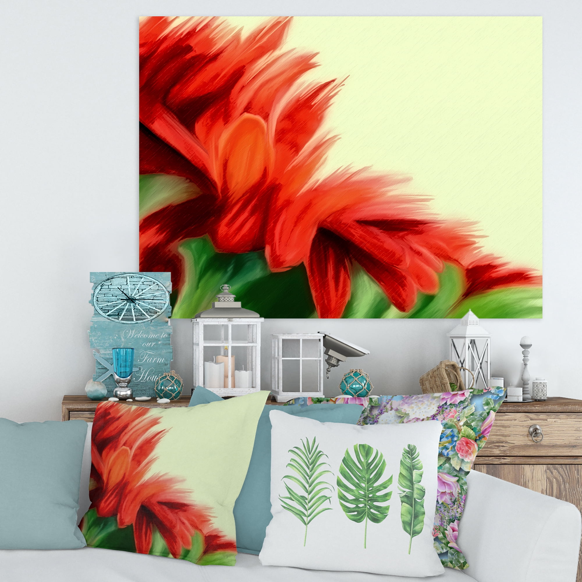 Red Floral Brush Strokes On Green 8 in x 12 in Painting Canvas Art Print, by Designart