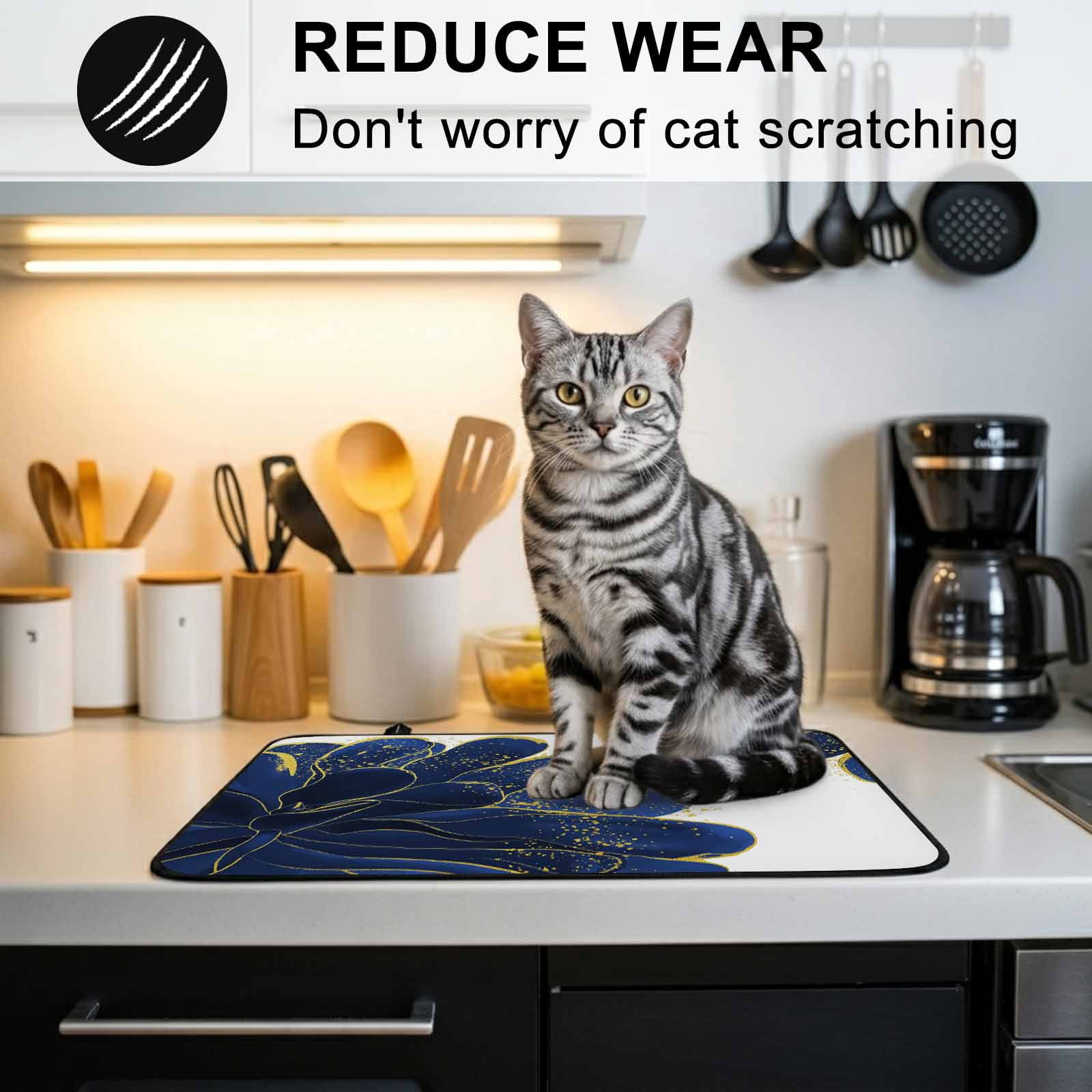 Navy Blue Gold Stove Top Cover for Electric Stove, Heat-proof & Non Slip Glass Top Stove Cover Protector, Abstract Line Art Troditional Ink Painting Kitchen Flat Cooktop Rubber Mat 31x24 Inches