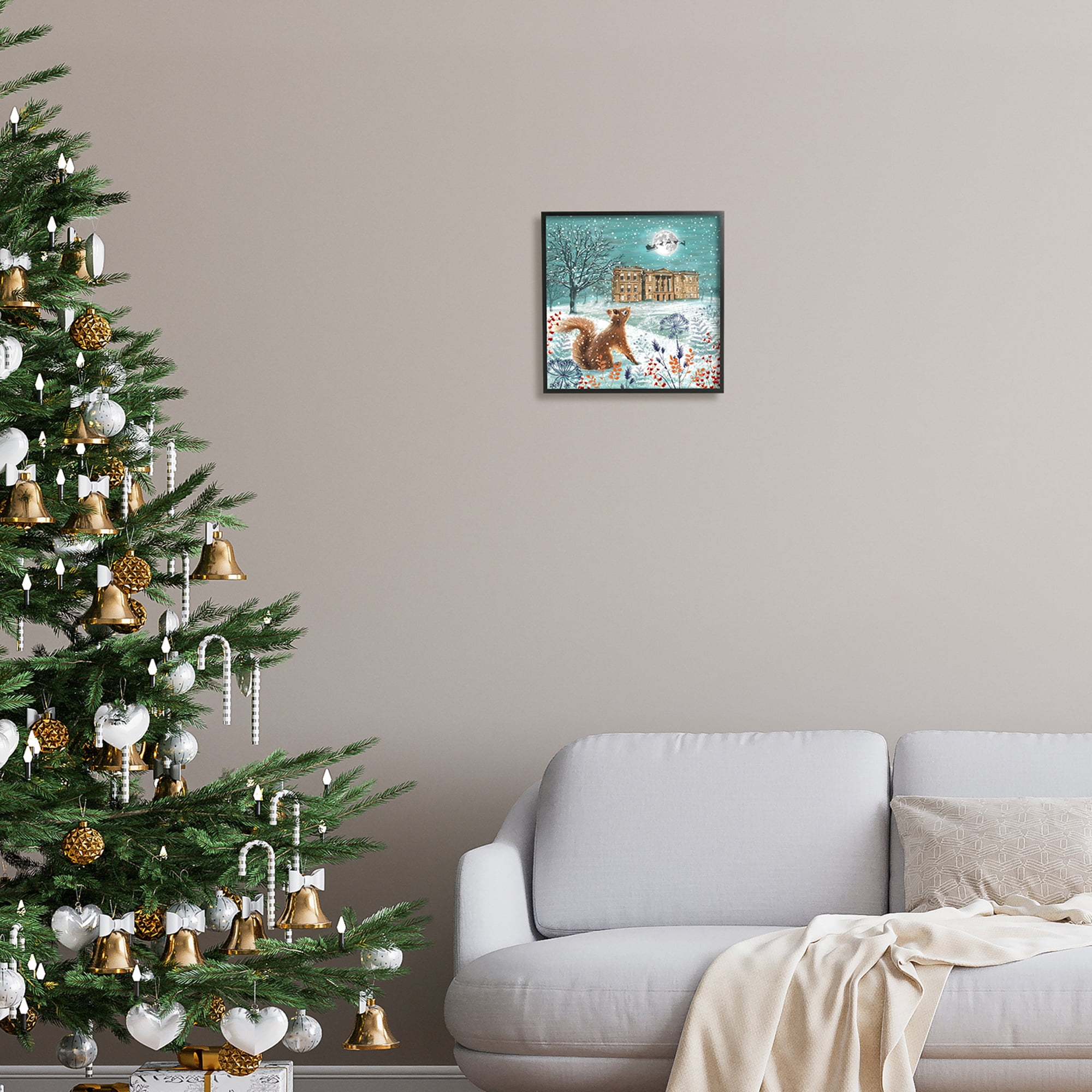 Stupell Industries Squirrel Watching Santa Claus Holiday Painting Black Framed Art Print Wall Art