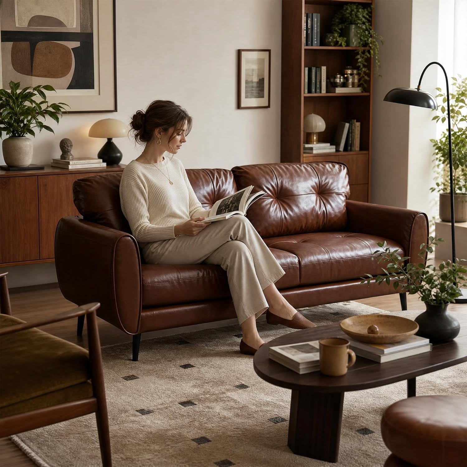 LAZZO 61" Faux Leather Loveseat, Mid Century Modern Tufted 2-Seat Sofa for Small Spaces, Brown