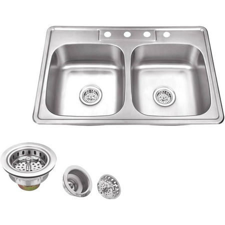 Magnus Sinks 33-in x 22-in 20 Gauge Stainless Steel Double Bowl Kitchen Sink and Drain