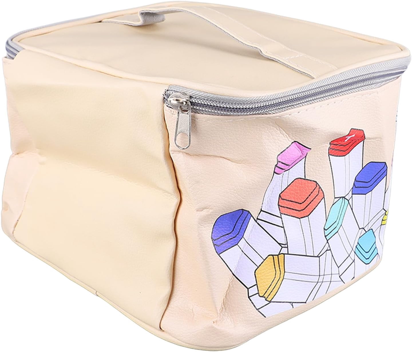 120 Slot Marker Case, Leather Holder with Large Opening, Zipper, Carry Handle, Multi-Purpose Art Pens Pencils Lipstick Mascara Storage