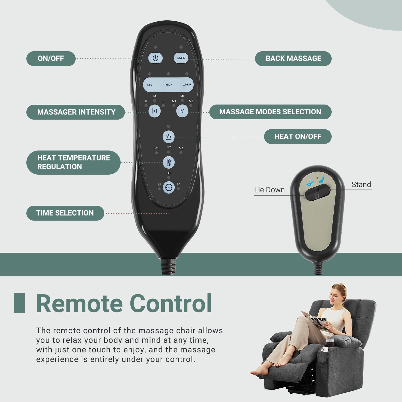 GIANNA Lift Recliner Chair for Elderly, With Massage and Heating, Lumbar Support, Remote Control, Gray