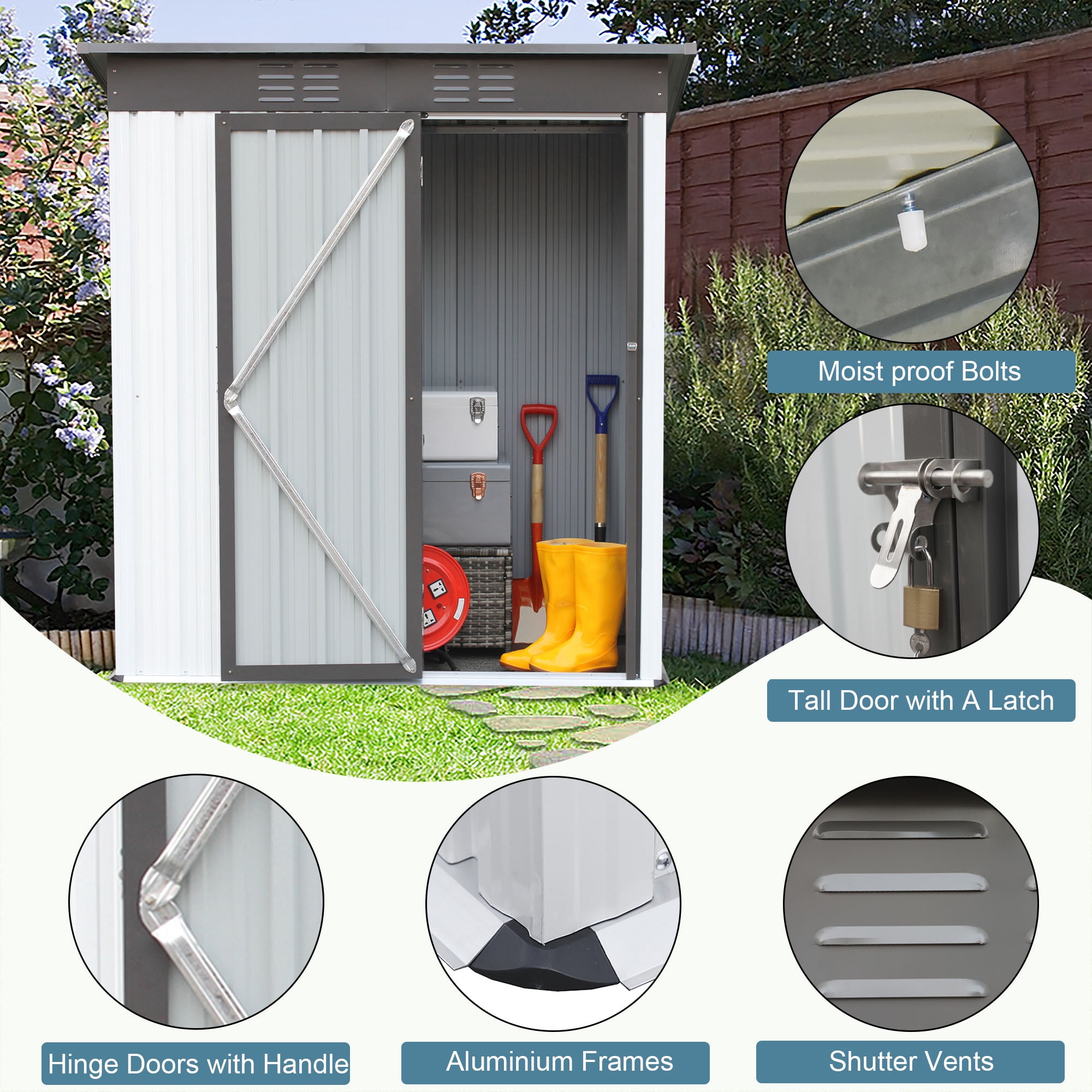 Seizeen Outdoor Metal Shed, 5 x 3ft Aluminum Garden Shed for Tools, Patio Tool Storage Shed with Lockable Door for Lawn, Patio, Backyard, L0024