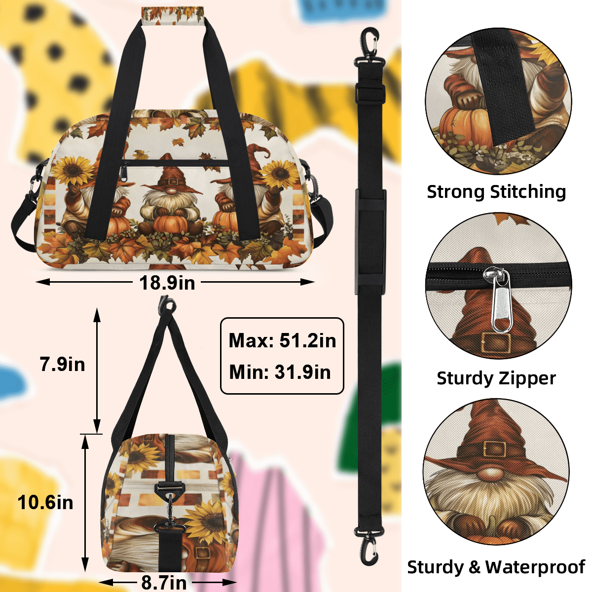 Herdesigns Sports Duffle Bags Travel Duffle Bag Gym Bag Halloween Fall Gnomes Weekender Travel Bag Waterproof Overnight Bag Carry On Travel Tote Bag Dance Bags