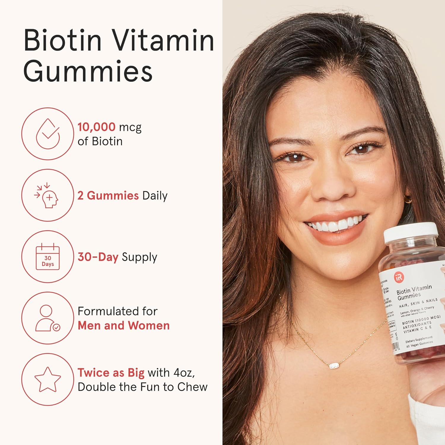 iRestore Biotin Gummies with Vitamins for Healthy Hair Skin and Nails | Nature's Fruit Flavor, Great Taste | Vegan Chewable Hair Growth Gummy for Women & Men | Non-GMO 10000 mcg