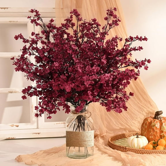 Lyacmy 6Pcs Artificial Fall Flowers Fake Flowers Babys Breath, Silk Flowers Burgundy Gypsophila Bouquets Fall Stems Floral Arrangement Fall Decor