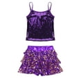 thumbnail image 3 of iiniim Kids Girls Jazz Hip Hop Dance Sequin Spaghetti Straps Tops with Tiered Ruffle Skirt Set Dancewear Purple 14, 3 of 7