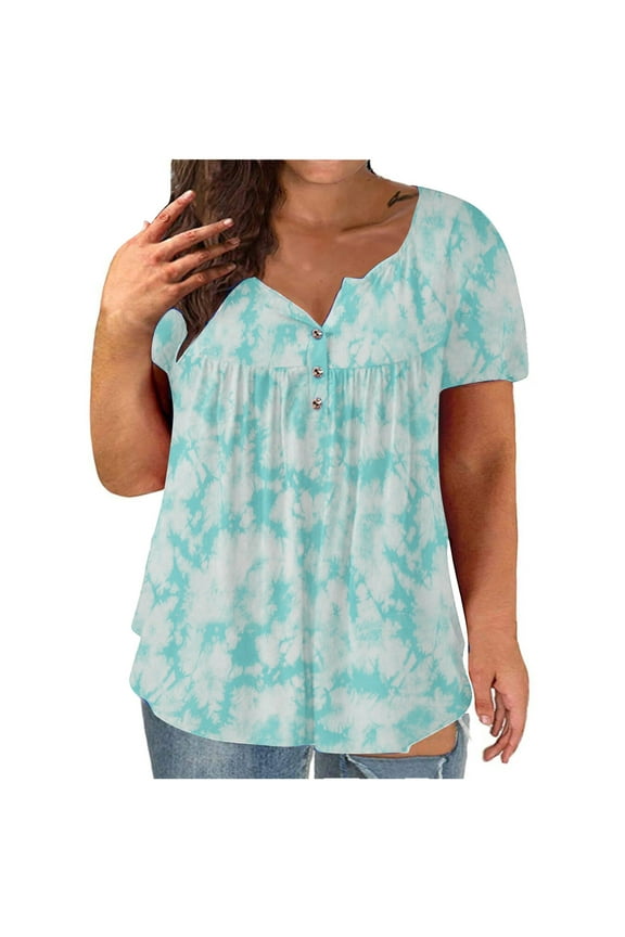 Best Women Plus Size Tops V Neck Tie Dye Print Button Short Sleeve T Shirt Blouse