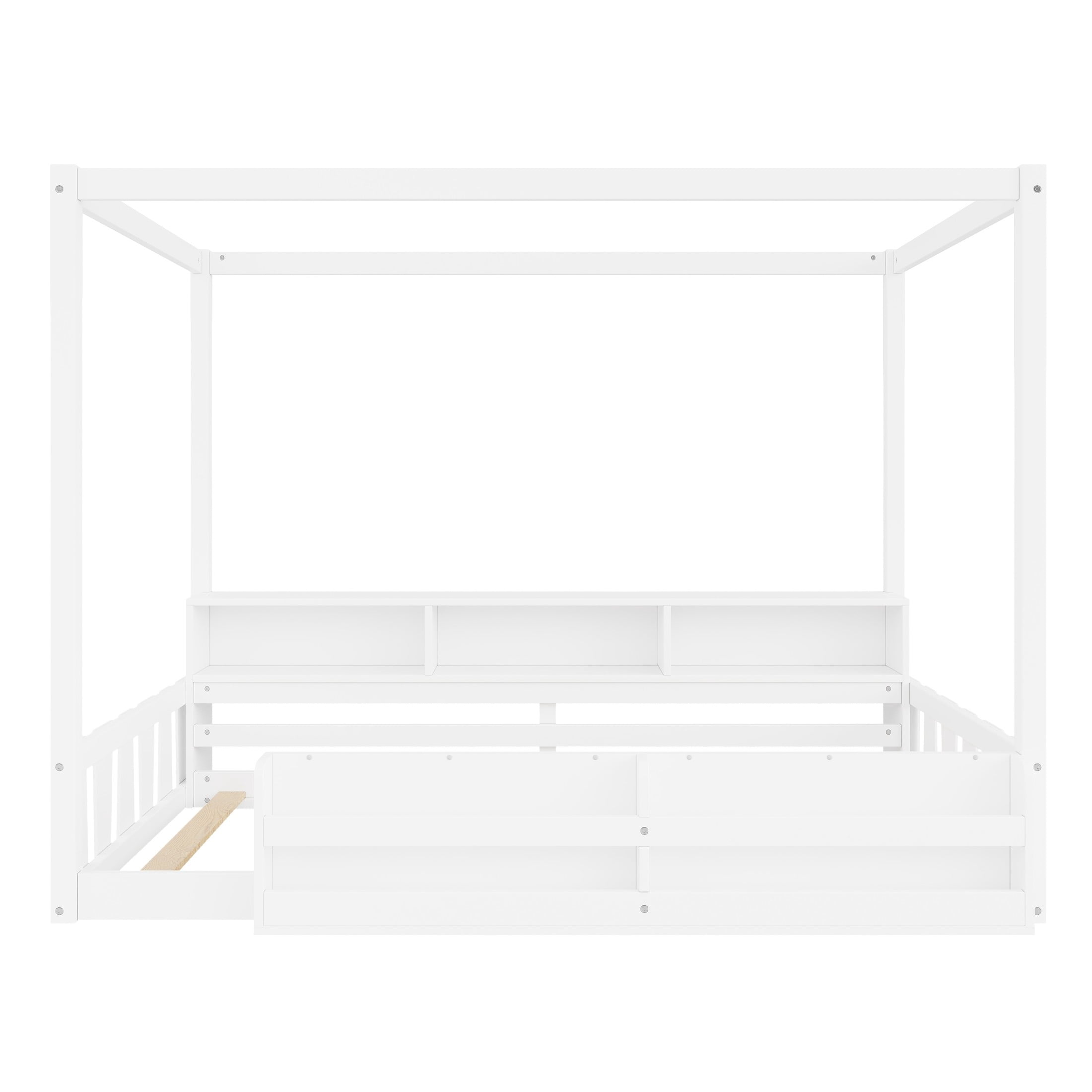 GDF Studio Misol Twin Size Montessori Canopy Floor Bed with Storage & Guardrails, Pine Wood Kids Bed Frame, White