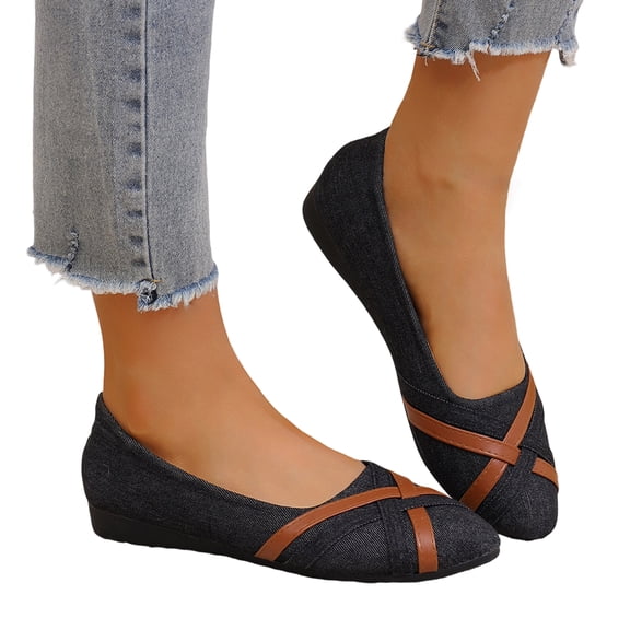 HTHLVMD Women's Denim Ballet Flats, Low Heel Casual Flats for Women, Women Fashionable Casual Denim Low-Cut Shallow Cut Layer Shoes Flat Shoes Comfortable Lightweight Breathable Daily Wear, Black 5