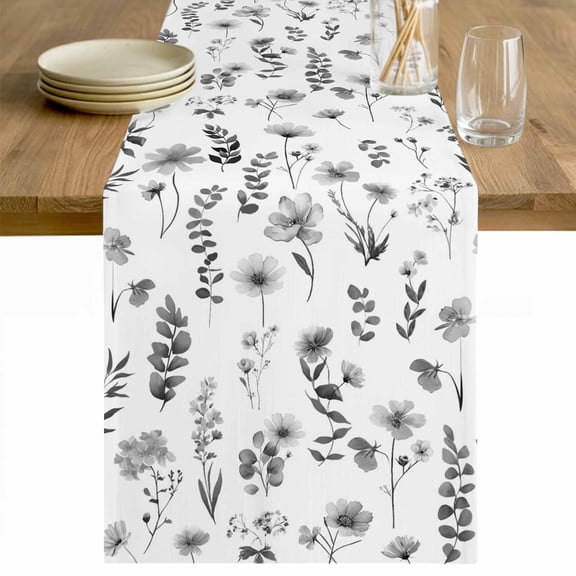 Grey Spring Floral Table Runner - 60 Inch Long Flowers Botanical Elegant Pastoral Cotton and Linen Blended Dress Scarves Farmhouse Table Runner for Kitchen Dining, Coffee Table, 13" x 60"