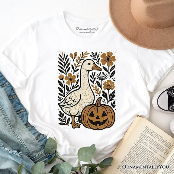 Boho Goose Halloween Pumpkin T-Shirt, Spooky Fall Floral Tee