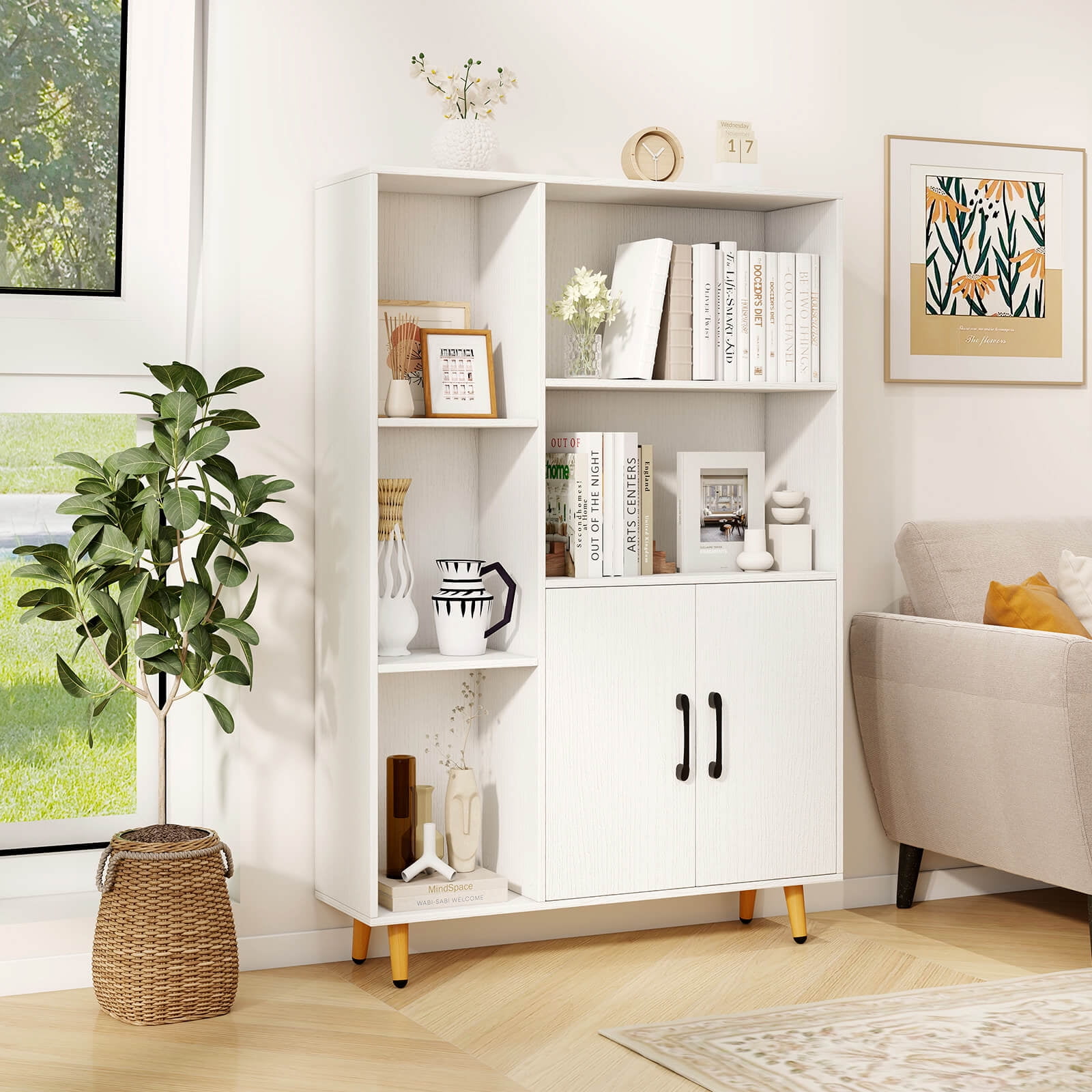 Costway HW63875 Floor Storage Cabinet Free Standing Wooden Display Bookcase Side Decor Furniture