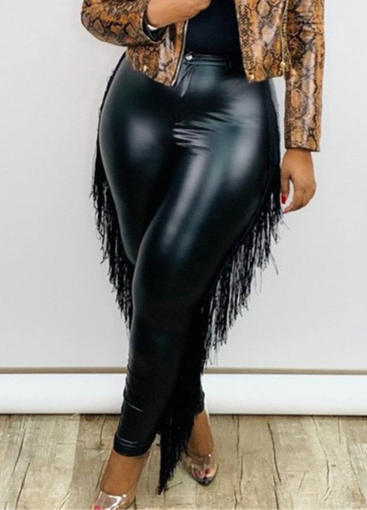 Black Tassels Tight Leather Pants 