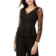 Adrianna Papell Women's V Neck Long Sleeve Illusion Embellished Zipper Back Mesh Top Black Size 14
