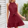 thumbnail image 4 of safuny Women's Mini Loose Babydoll Dress Sundress Solid Color Crew Neck Elegant Casual Ruffle Flowy Fashion Summer Sleeveless Dress Red XL, 4 of 5