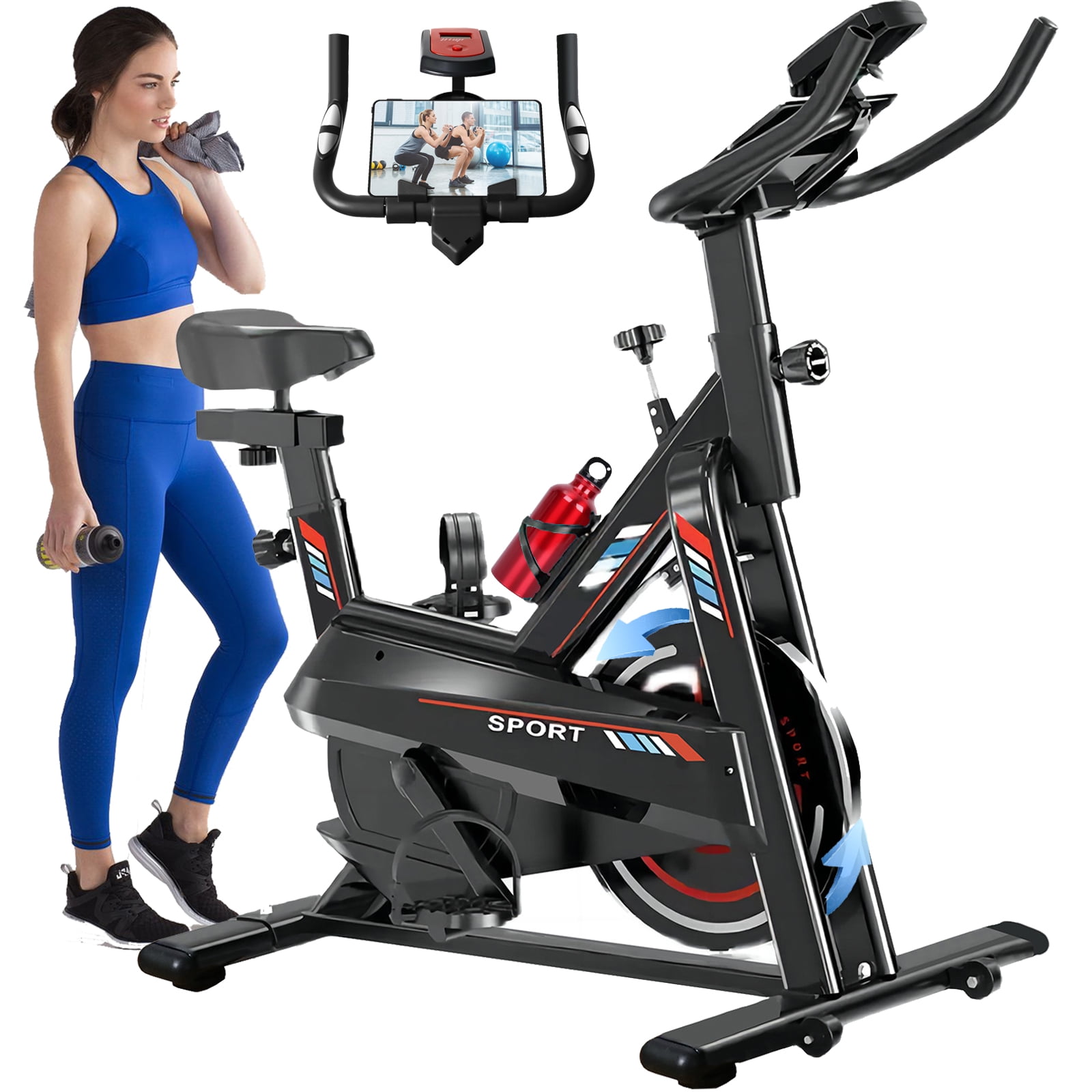 RICAN Exercise Bike, Stationary Cycling Bicycle with Mat and Bottle, Silent Belt Drive for Home Cardio Workout Training, 330lbs Weight Capacity