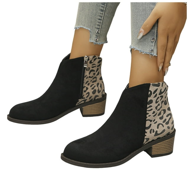 Bottes Habillées Léopard pour Femmes Dames Mode Suède Bout Pointu Talon Bas Hiver Automne Fermeture Éclair Courtes Bottines à la Cheville