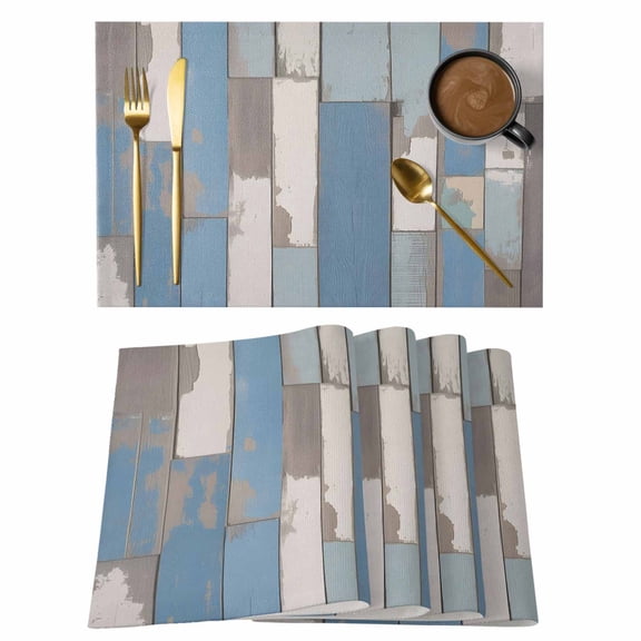Blue Wood Grain Placemats Set of 8, Farmhouse Mottled Striped Plank Placemats for Dining Table, Place Mats for Kitchen Tabletop, Waterproof Wipeable Dining Table Mats Set