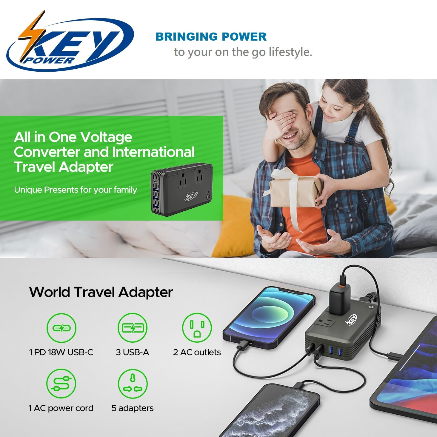 Key Power International Power Converter Travel Kit - 230w Voltage Converter 240V/220V to 120V/110V Travel Adapter Use for USA Appliance Hair Straightener, Overseas in Europe, Australia, UK, Italy