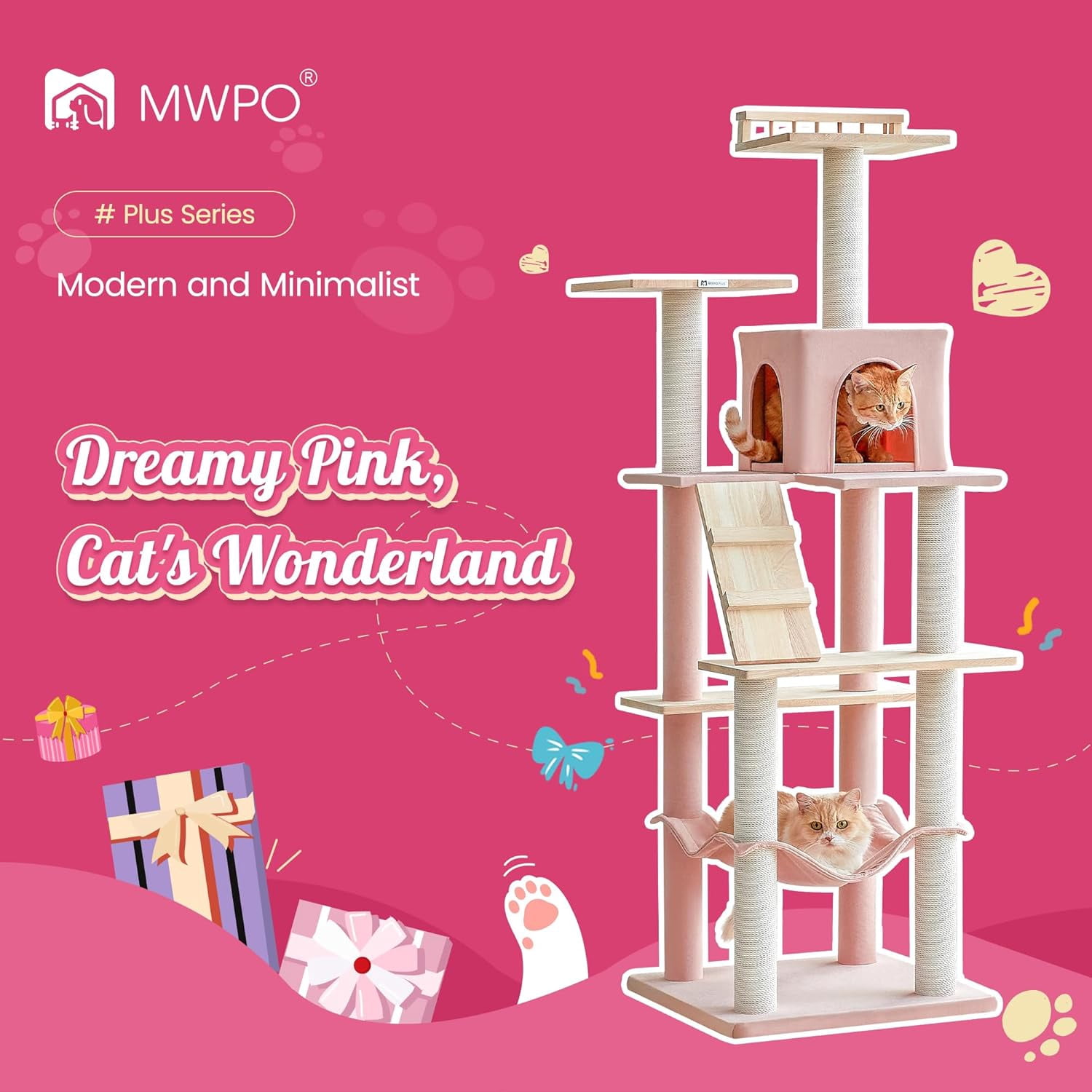 LEHOME Pink Modern Cat Tree for Indoor Cats, 63.8-Inch Multi-Level Tall Cat Tower with Cat Condo, Hammock, Woden Top Perch, Scratching Posts for Kittens & Adult Cats