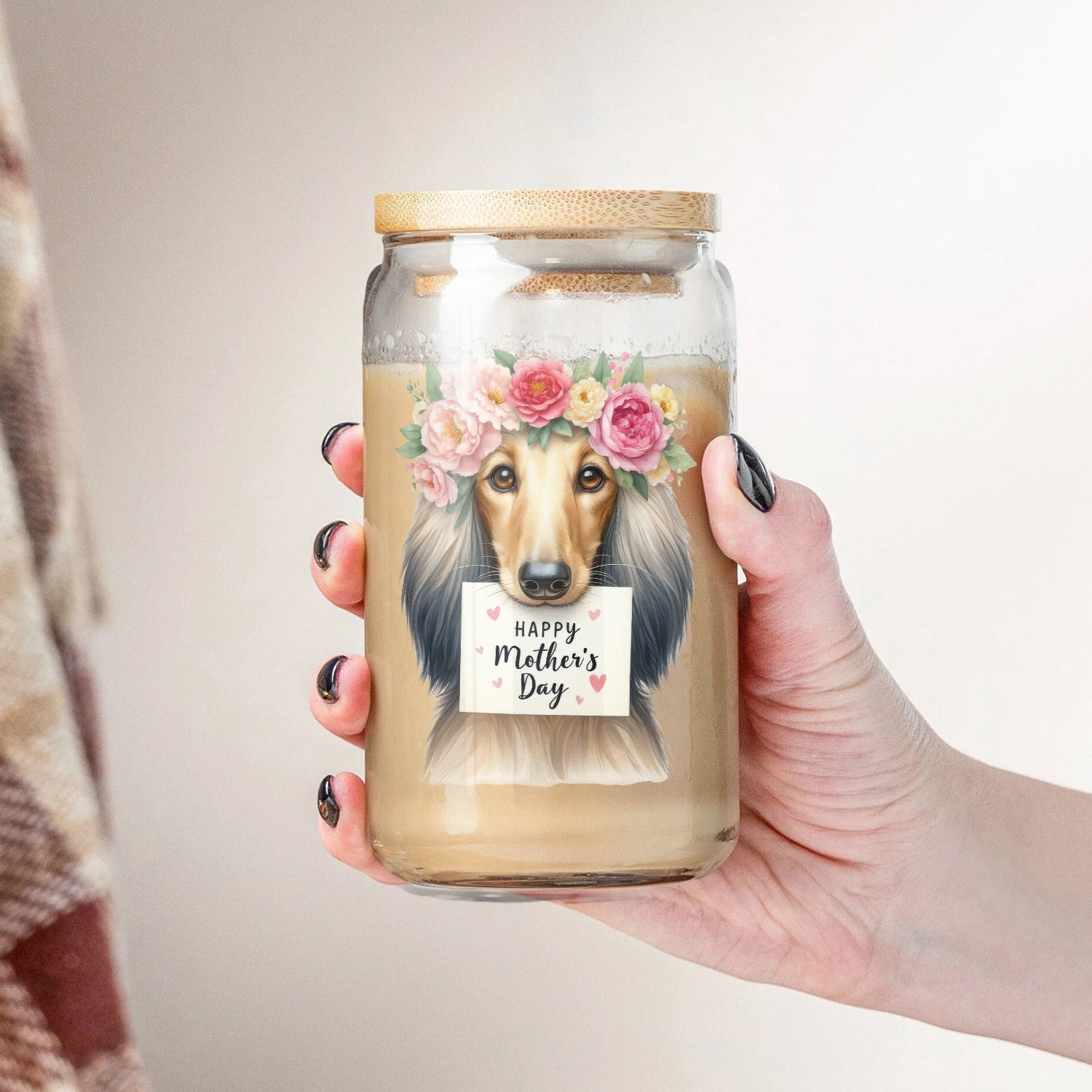 Happy Mother's Day Afghan Hound with Flower Crown and Greeting Card 16oz Glass Cup Mug Dog Lover Glass Can with Bamboo Lid and Straw - 13004