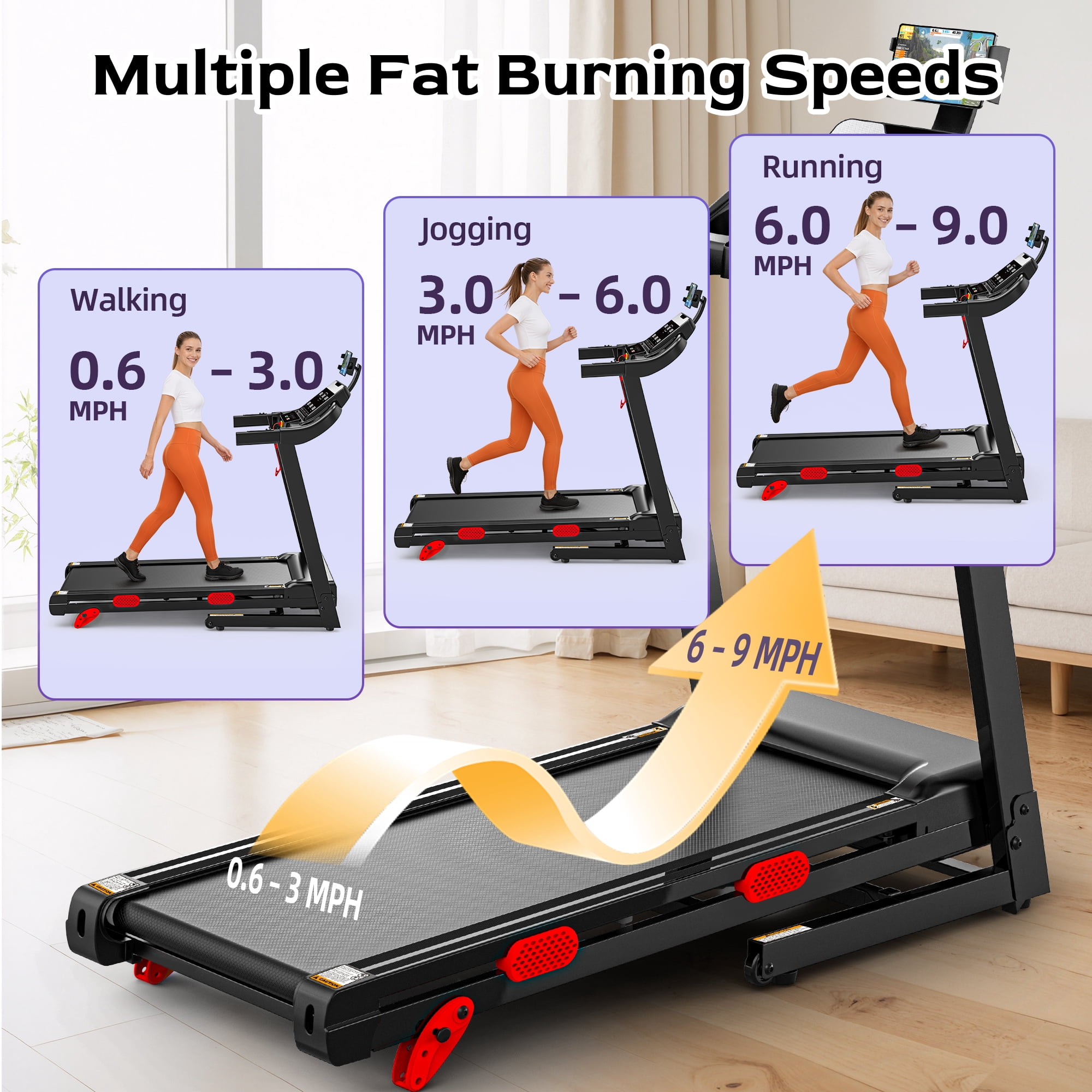 Folding Treadmill with Incline, 3.75HP Motor, 300 lb Capacity, Bluetooth App Connectivity, Compact Running Machine for Walking, Jogging and Running, Space-Saving Design
