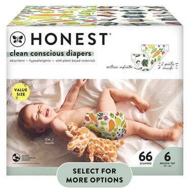 The Honest Company, Clean Conscious Disposable Baby Diapers, All The Letters & So Delish Prints, Size 6, 66 Count (Select for More Options)