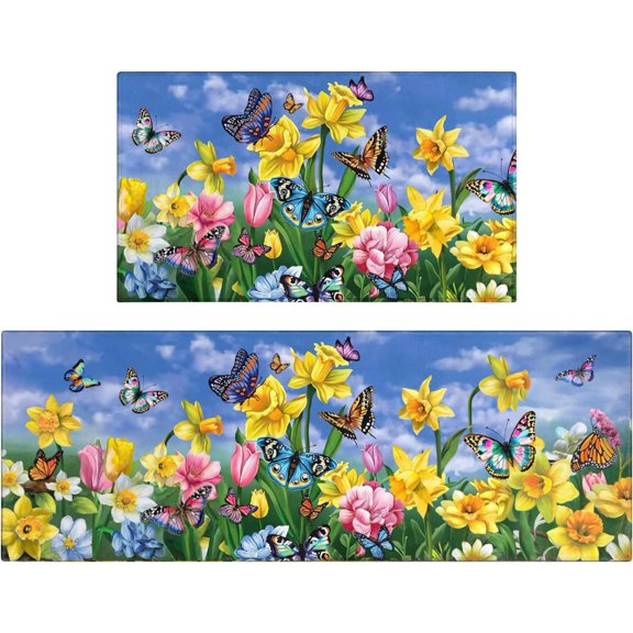 Summer Farmhouse Kitchen Rugs and Mats Set of 2,Narcissus Butterfly Floral Flower Kitchen Mat,Non Slip Washable Kitchen Floor Sink Mats Decorations for Home Kitchen 18"x48" 18"x30"