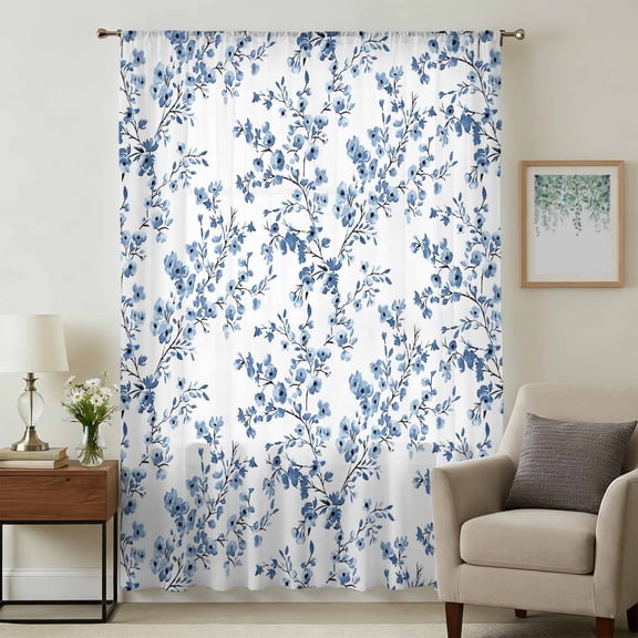 Navy Blue Spring Floral Sheer Curtains 96 Inches Long, Elegant Pastoral Flowers Light Filering Curtains, Privacy Drapes Simi Floor to Veiling Curtain for Living Room Bedroom Large Window Treatment