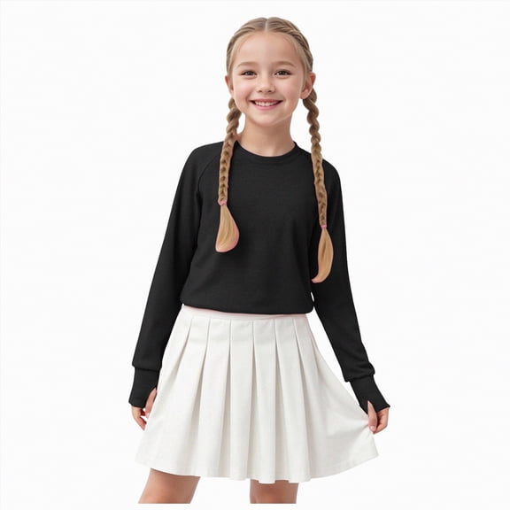 Yindaity T Shirts for Girls Soft Long Sleeve Crew Neck Top | Sizes 2-16 | Essential Basics(Black,3-4 Years)