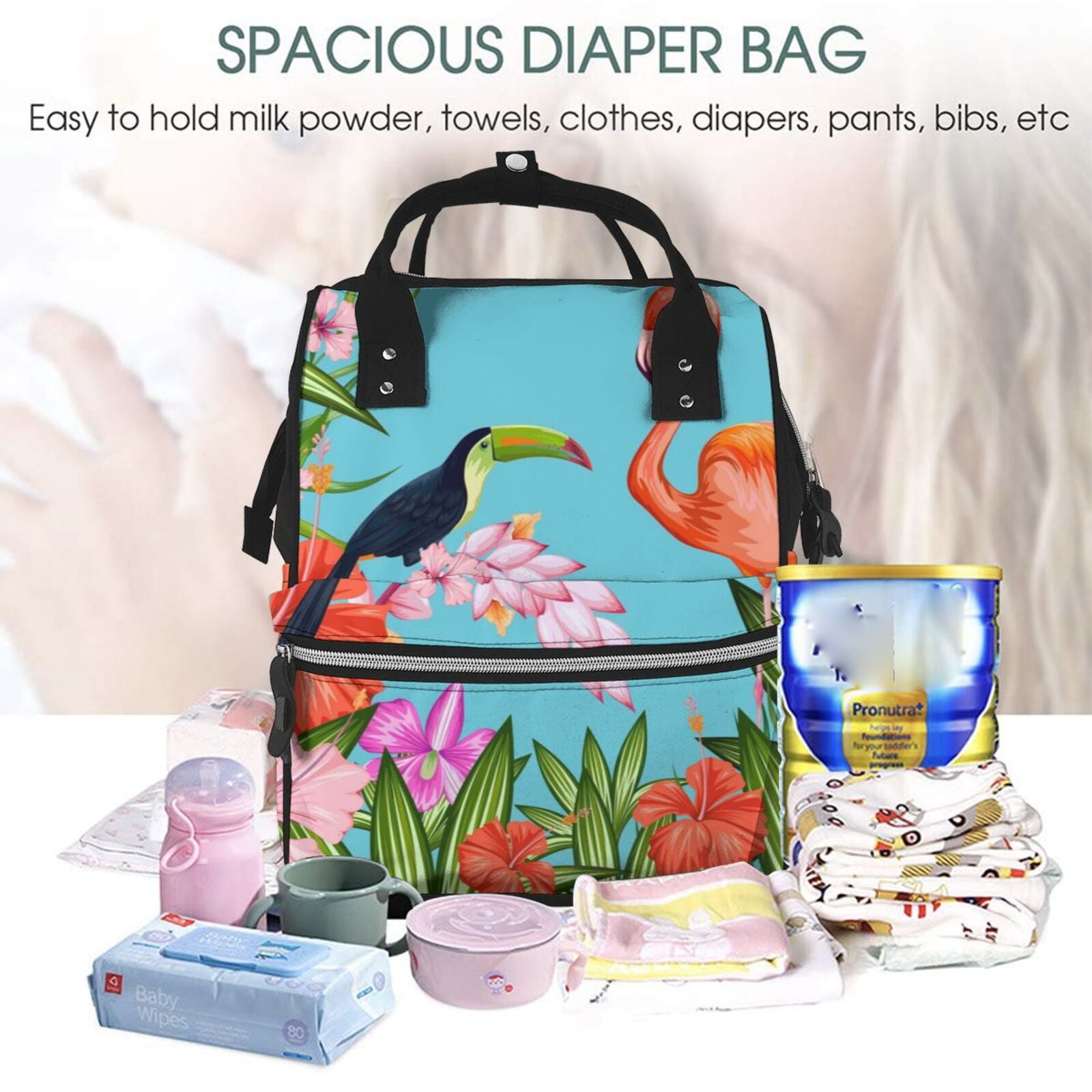Ratiio Tropical Jungle Flamingo Mummy Backpack - Waterproof Twill Canvas, Large Capacity Diaper Bag with Multiple Pockets and Adjustable Straps