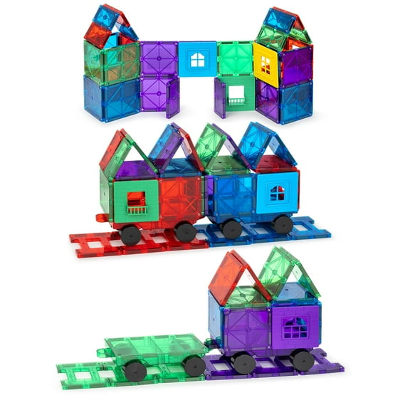 Playmags 55 Piece Accessory Set - With Stronger Magnets, STEM Toys for Kids, Sturdy, Super Durable Magnetic Tiles with Vivid Clear Color Tiles With 4 Cars