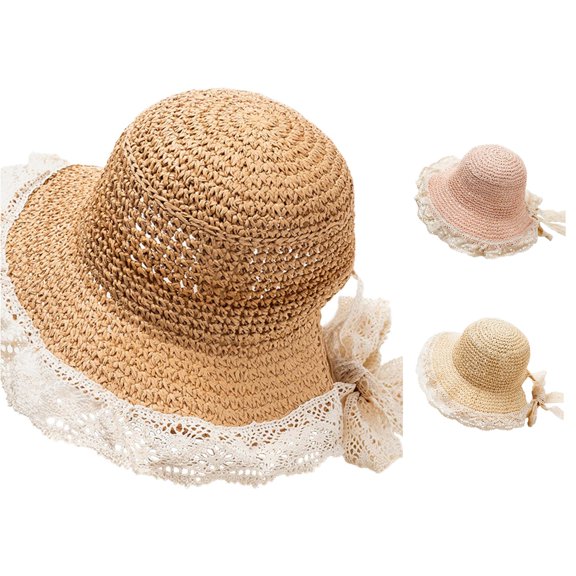 Oiyii Toddler Girls Breathable Sun Hats Lace‑Bow Trim Beach Bucket Hats, Coffee