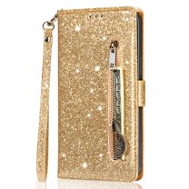 Decase Glitter Wallet Case for Google Pixel 7 Pro, Sparkly Luxury PU Leather Flip Folio Kickstand Cover Zipper Pocket Women Purse Sleeve with Card Holder & Detachable Wrist Strap, Gold
