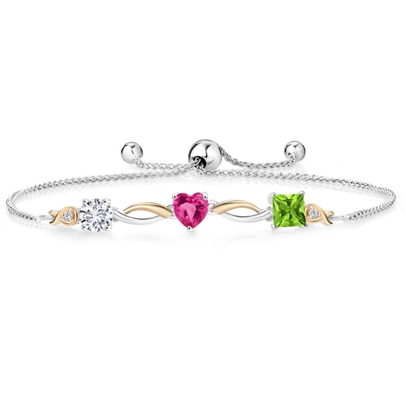 Gem Stone King 925 Silver and 10K Yellow Gold Pink Created Sapphire Green Peridot and Lab Grown Diamond Tennis Bracelet for Women By Keren Hanan (2.03 cttw, Adjustable up To 9 inch)