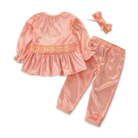 

One opening Toddler Baby Girl Fall Clothes Cute Lace Trim Long Sleeve Top + Pants + Headband 3Pcs Outfits Set