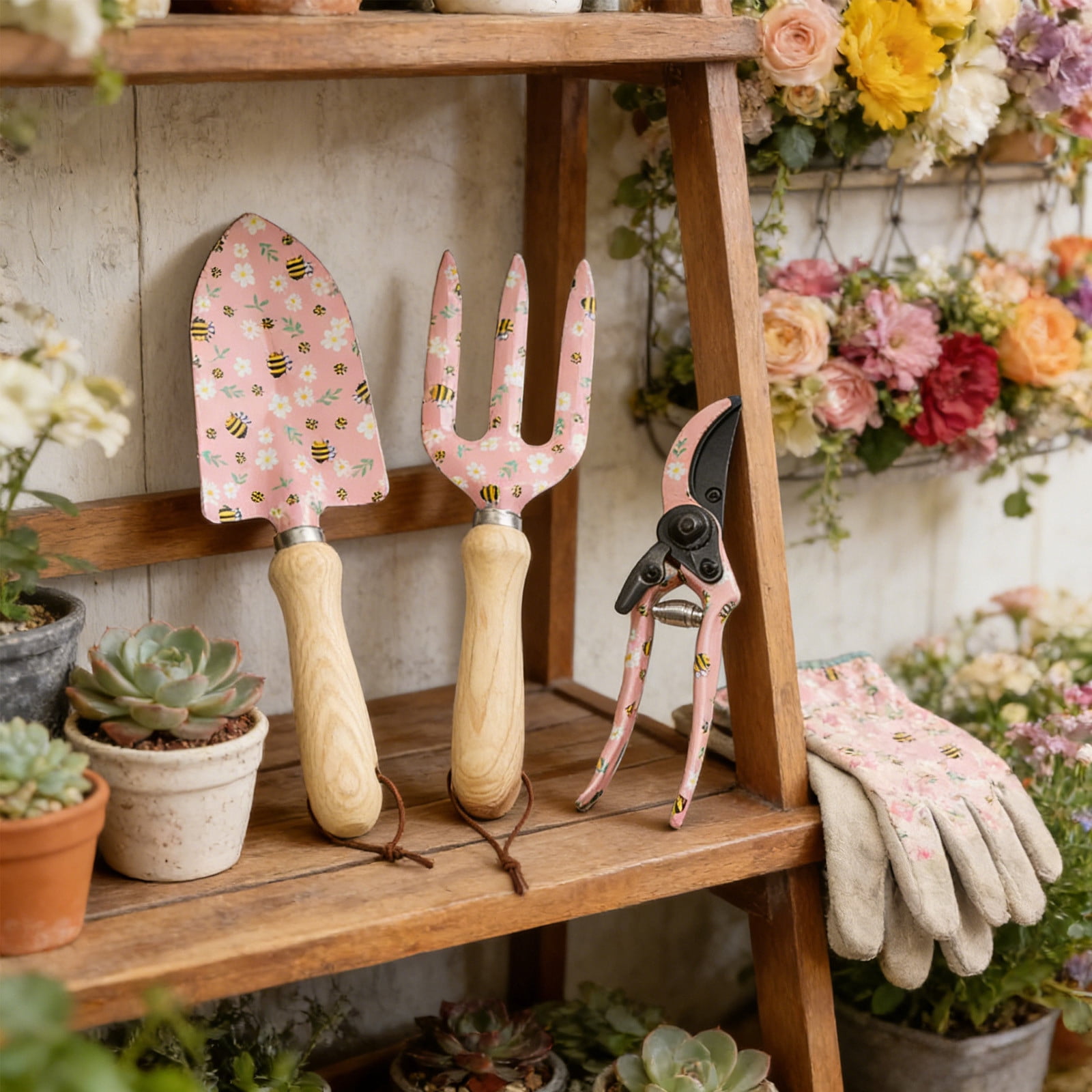 JWZZYD 3 Piece Pink Bee & Daisy Garden Tool Set, Metal Trowel, Fork & Pruning Shears with Wooden Handles, Cute Gardening Tools for Planting, Weeding, Flower Care, Ideal for Home Garden & Yard
