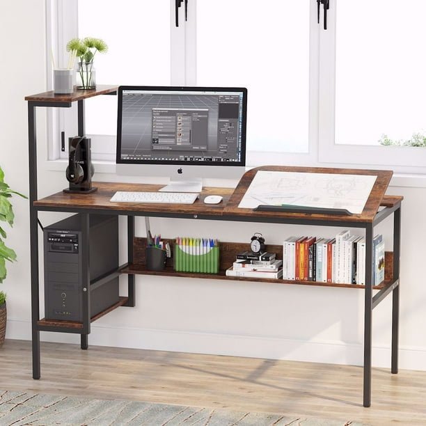 Computer Desk with Storage Shelf, Tribesigns Rustic Drafting Table