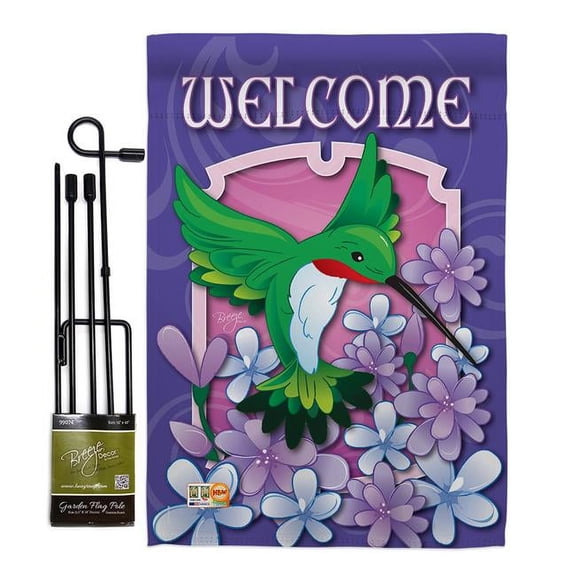Breeze Decor BD-BI-GS-105033-IP-BO-D-IM11-BD 13 x 18.5 in. Welcome Hummingbird Garden Friends Birds Impressions Decorative Vertical Double Sided Flag Set with Banner Pole