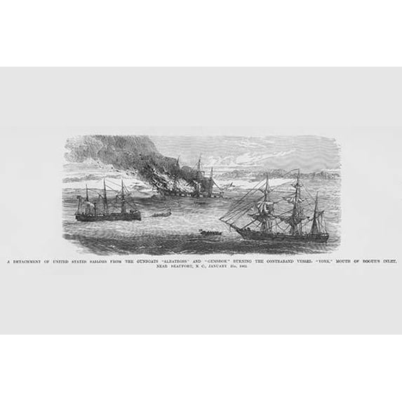 Sailors from Gunboats "Albatross" & "Gemsbok" burn Contraband Vessel "York"-Fine Art Canvas Print (20" x 30")