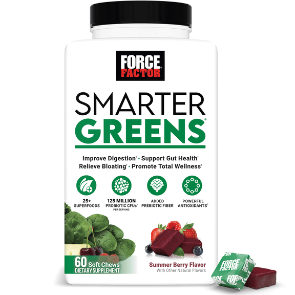Force Factor Smarter Greens Supplement with Probiotics, Antioxidants & Fiber for Bloating, Digestion, Gut Health & Energy, Summer Berry, 60 Soft Chews